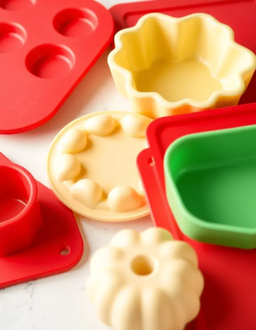 Red silicone bakeware set including molds and mats