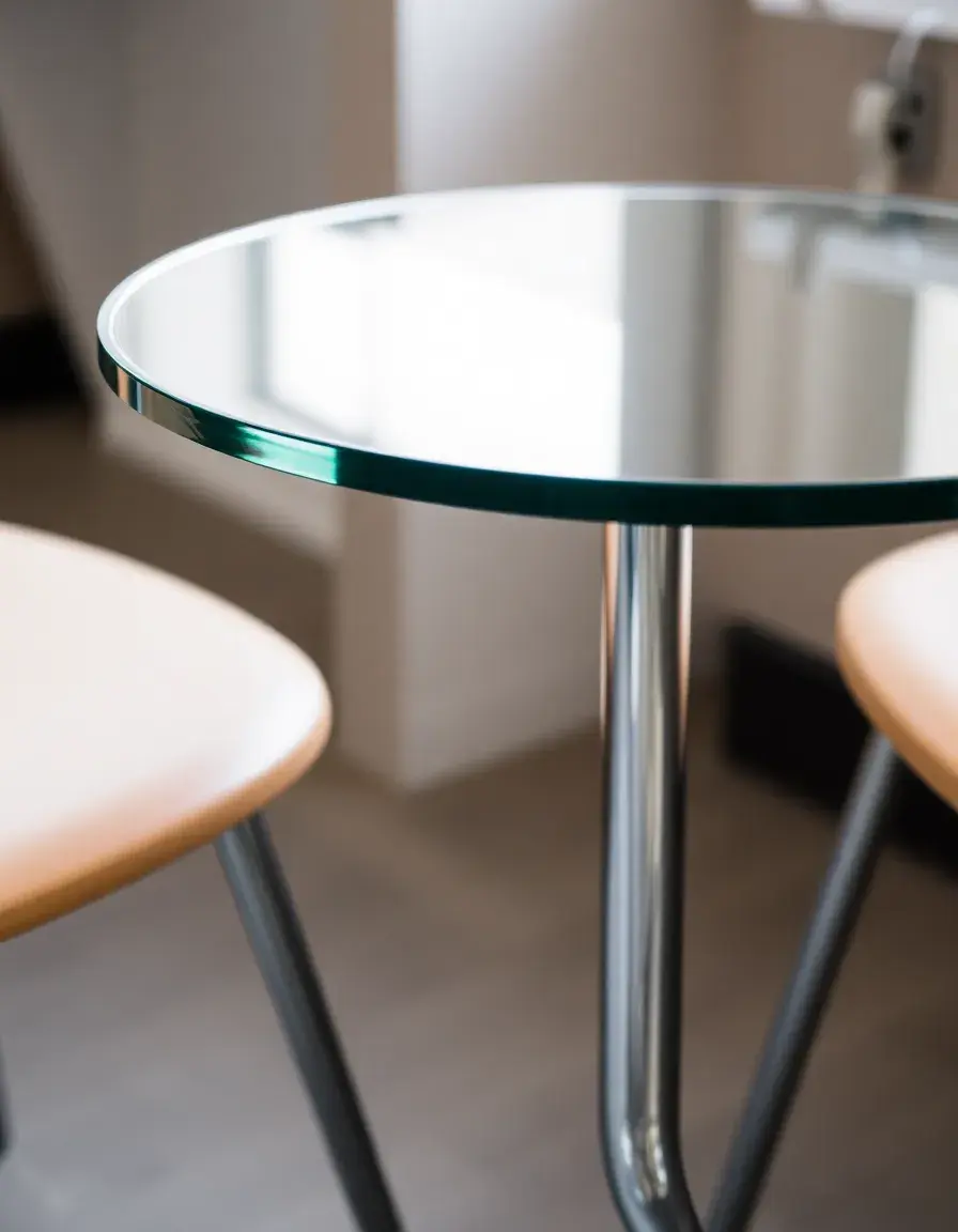 Small round bistro table with glass top and chrome legs