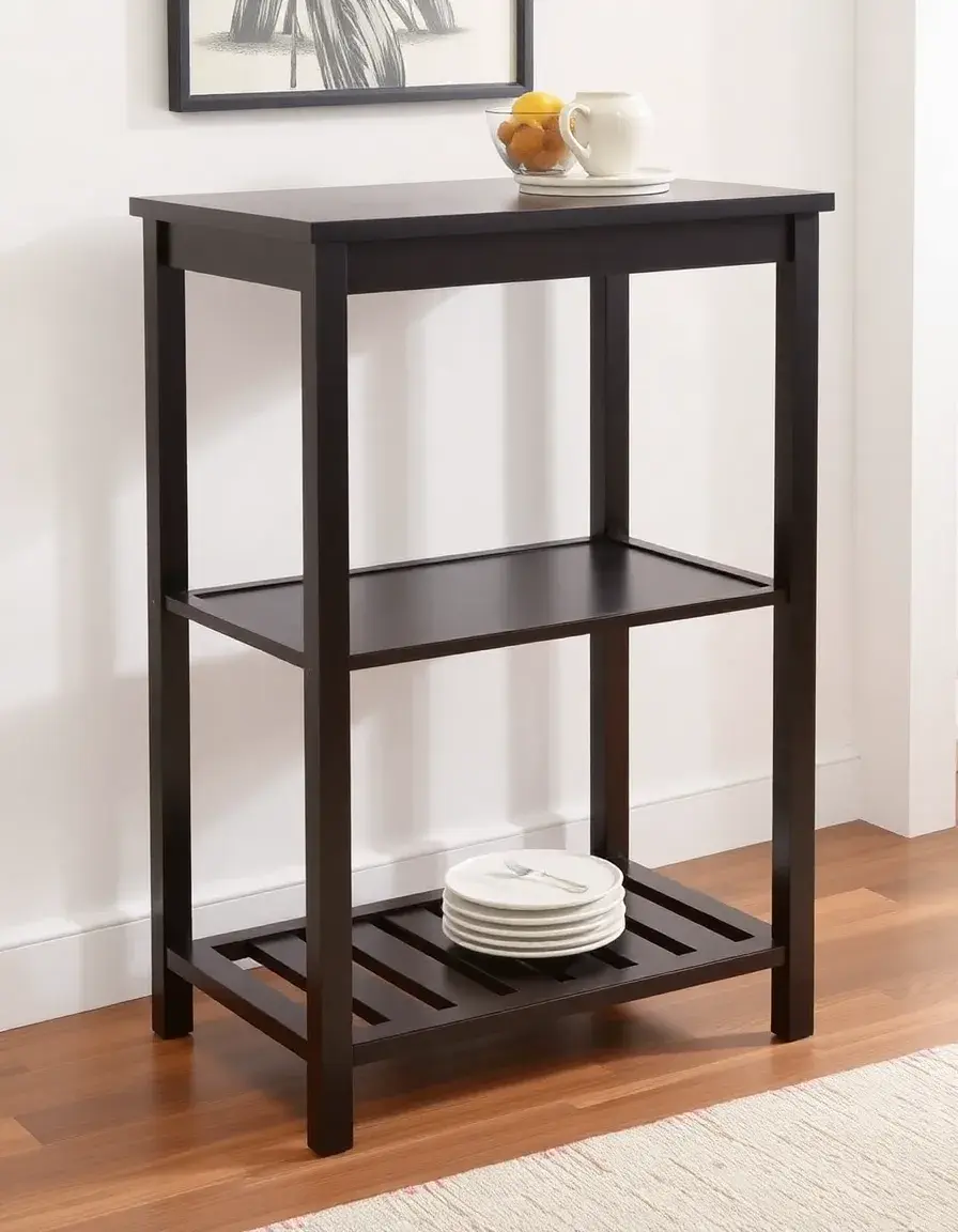 Compact counter height table with storage shelf in espresso
