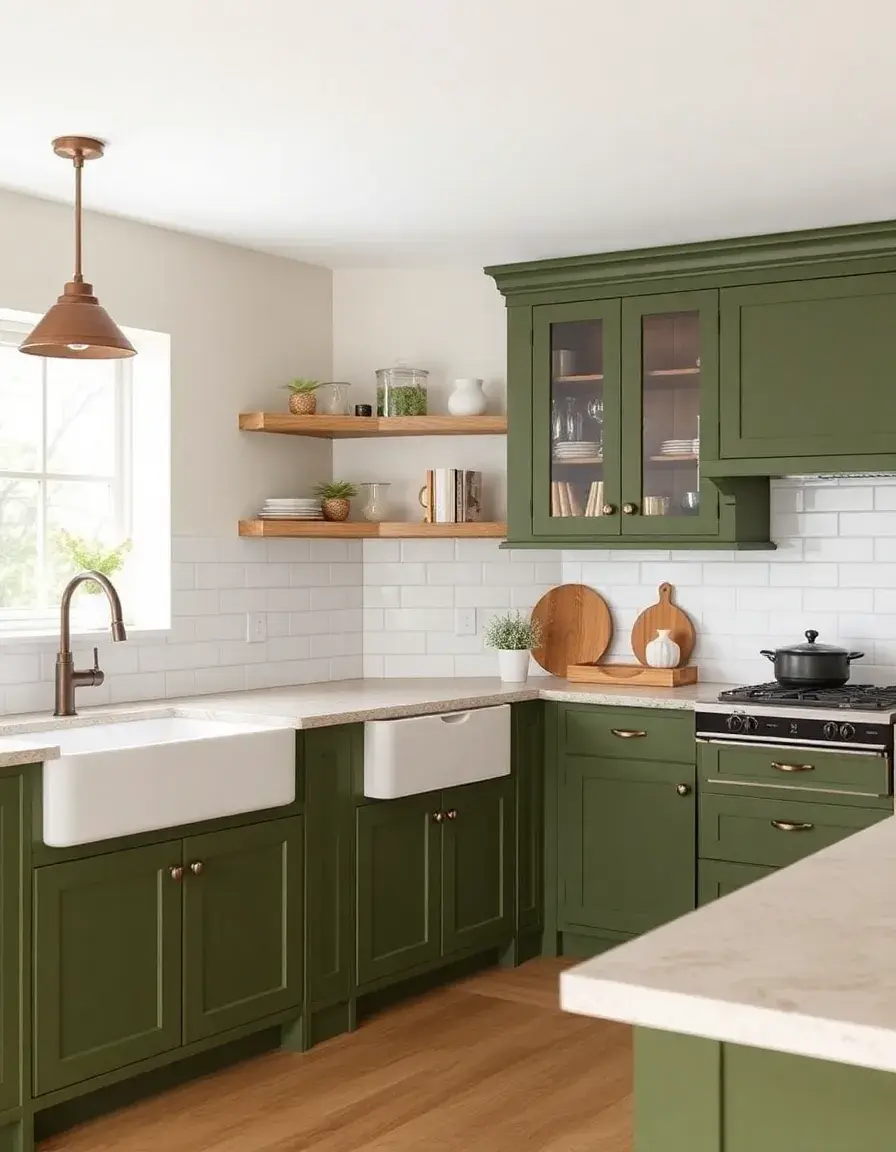 Olive Green Kitchen Base Cabinets with farmhouse sink