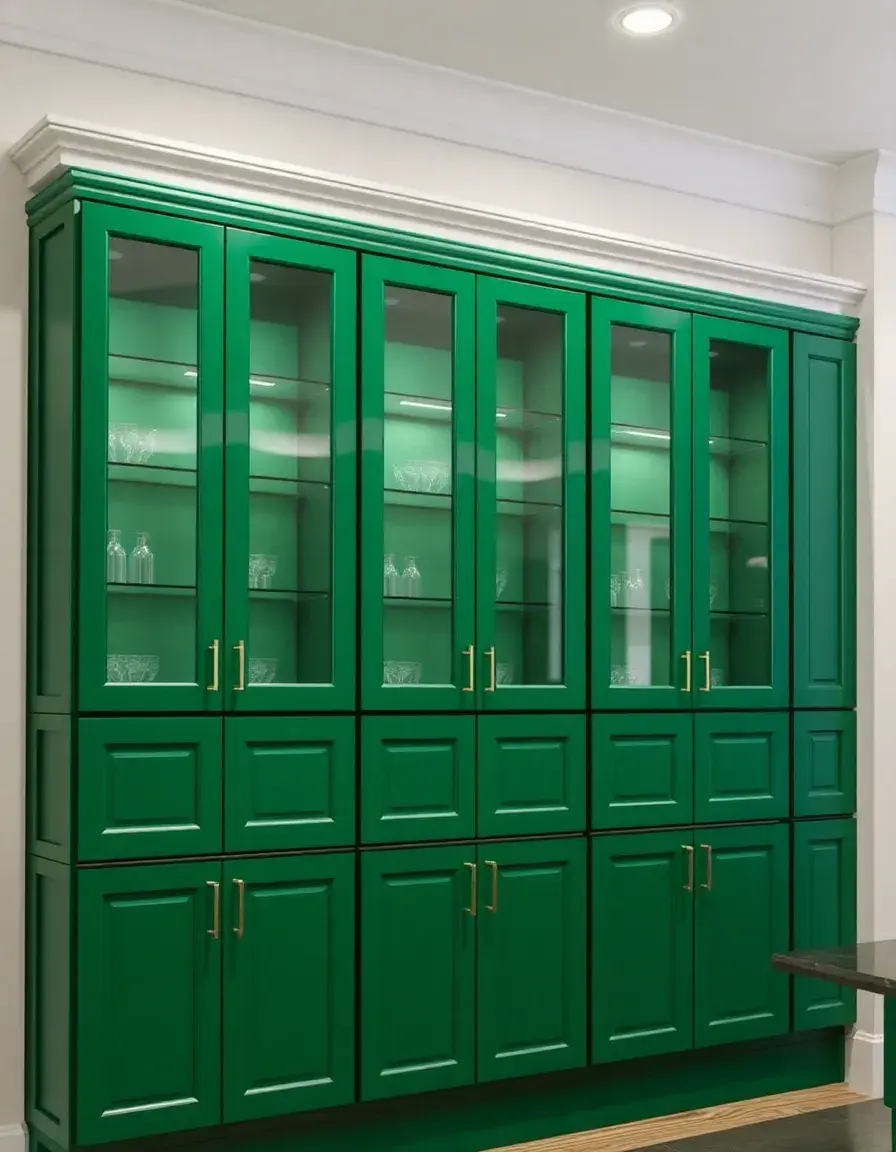 Emerald Green Upper Cabinets with glass fronts