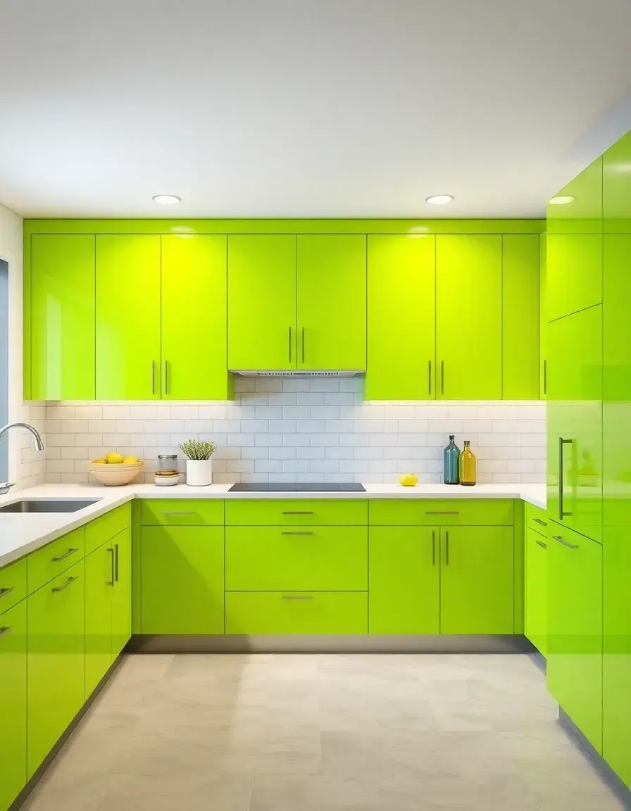 Lime Green Accent Kitchen Cabinets in a minimalist space