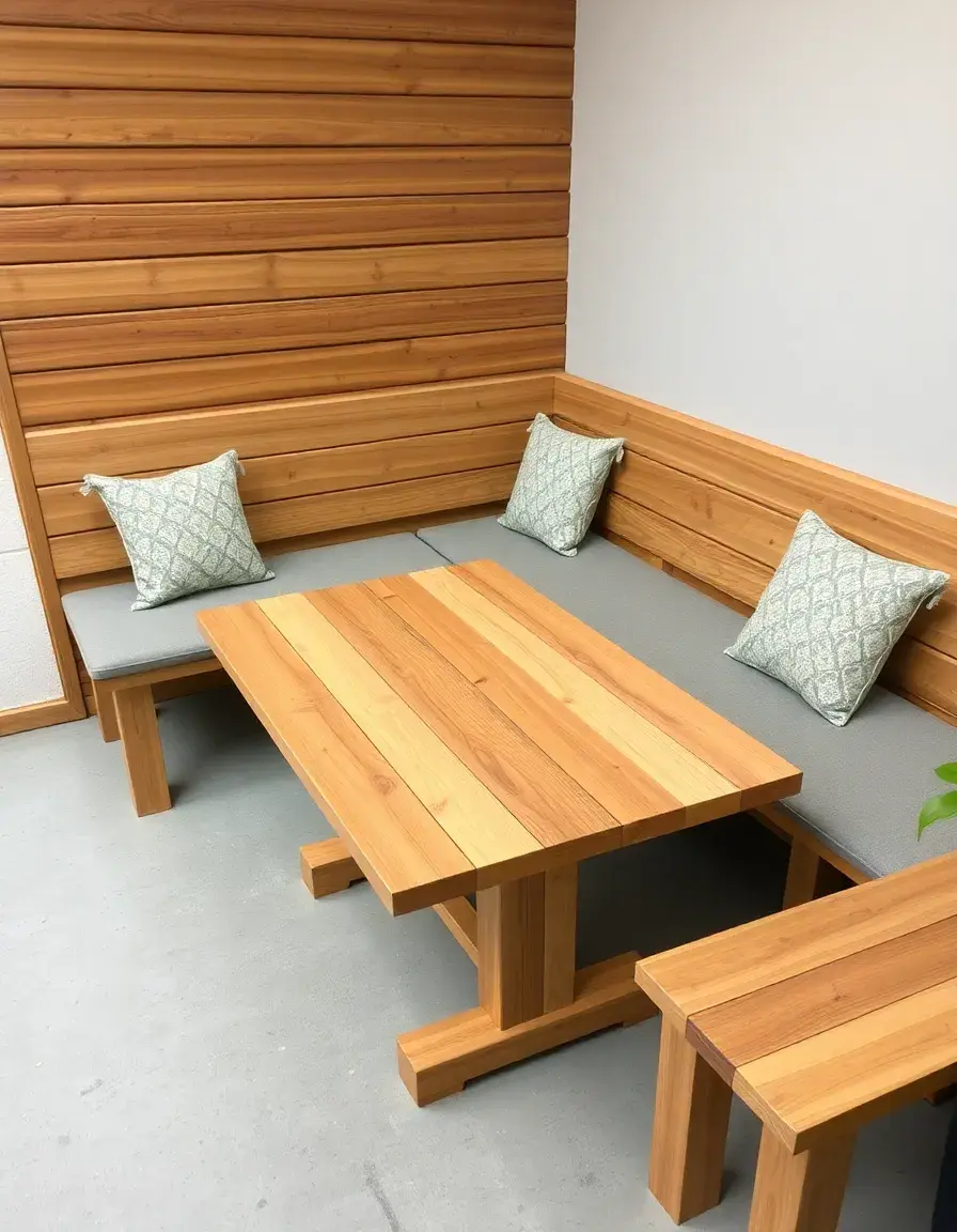 L-shaped wooden corner bench seating set with cushions