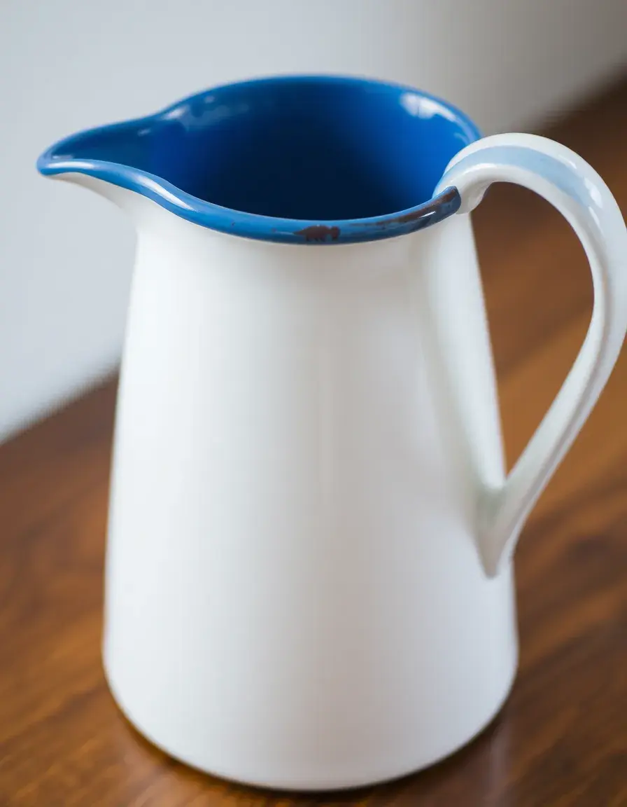Vintage white enamel pitcher with blue rim