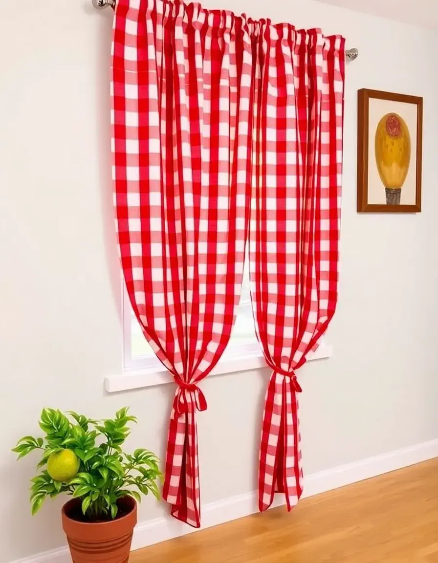 Red checkered kitchen curtains with tie backs