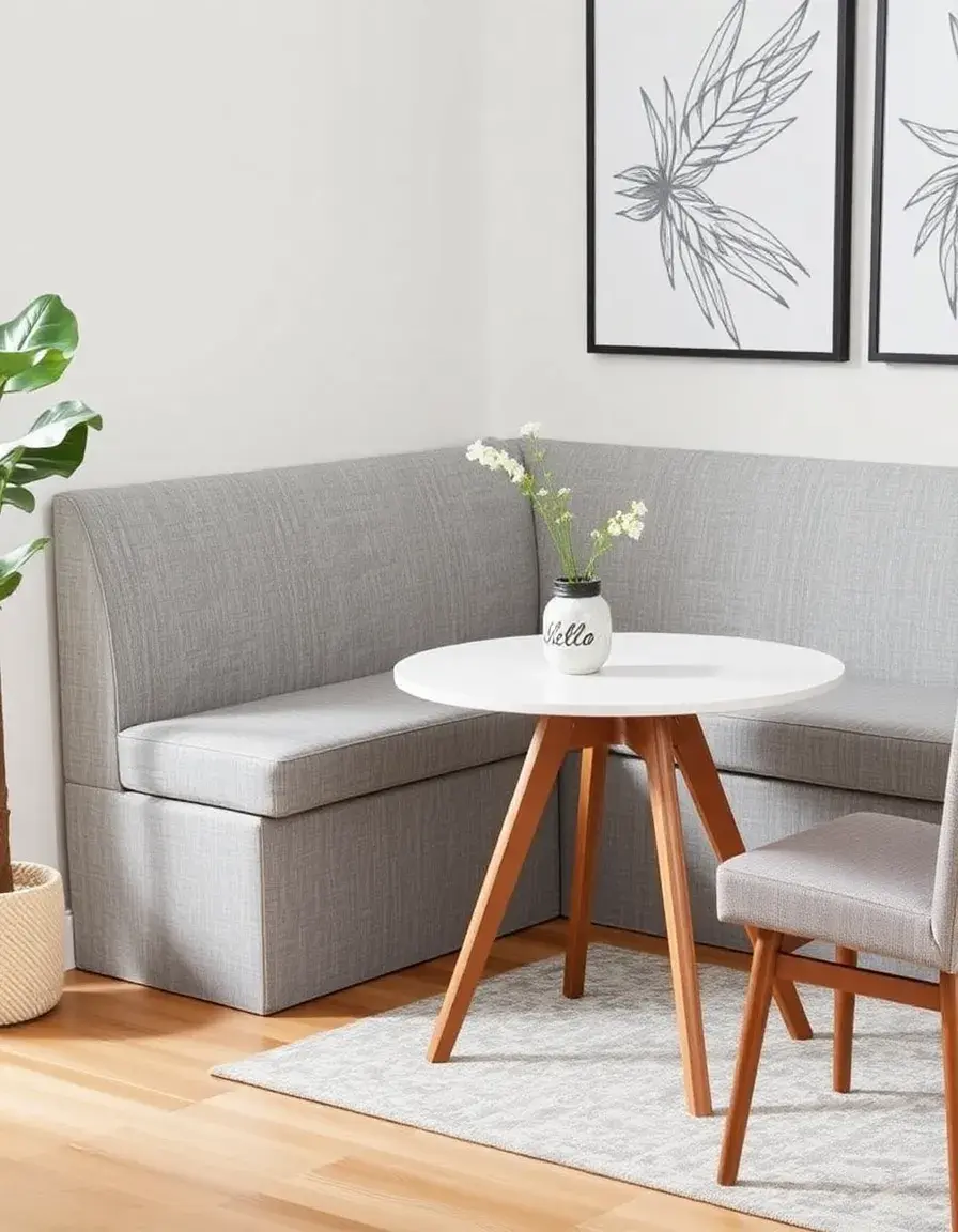 Upholstered gray corner dining bench set with wooden table