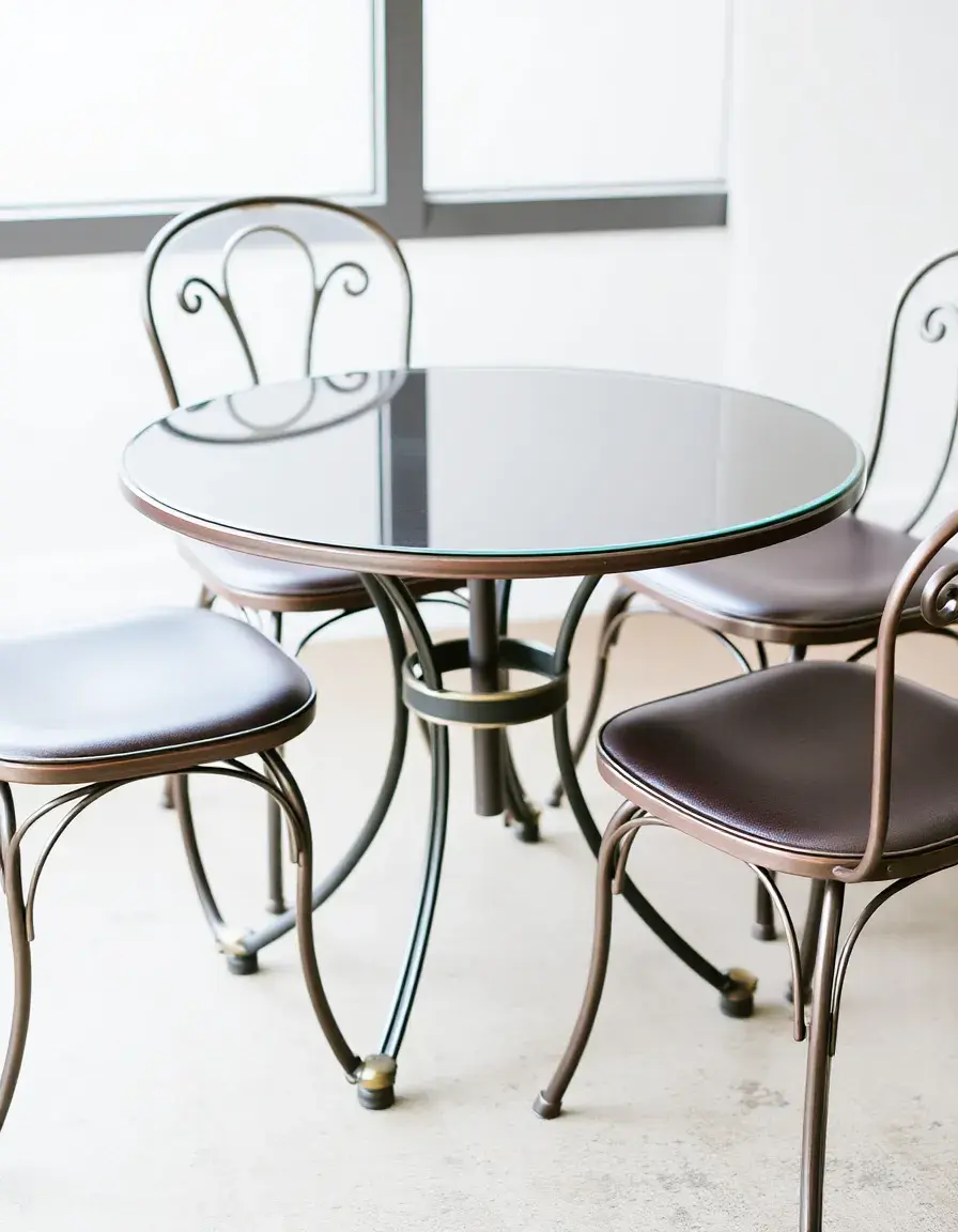 Round kitchen table with metal frame and four chairs