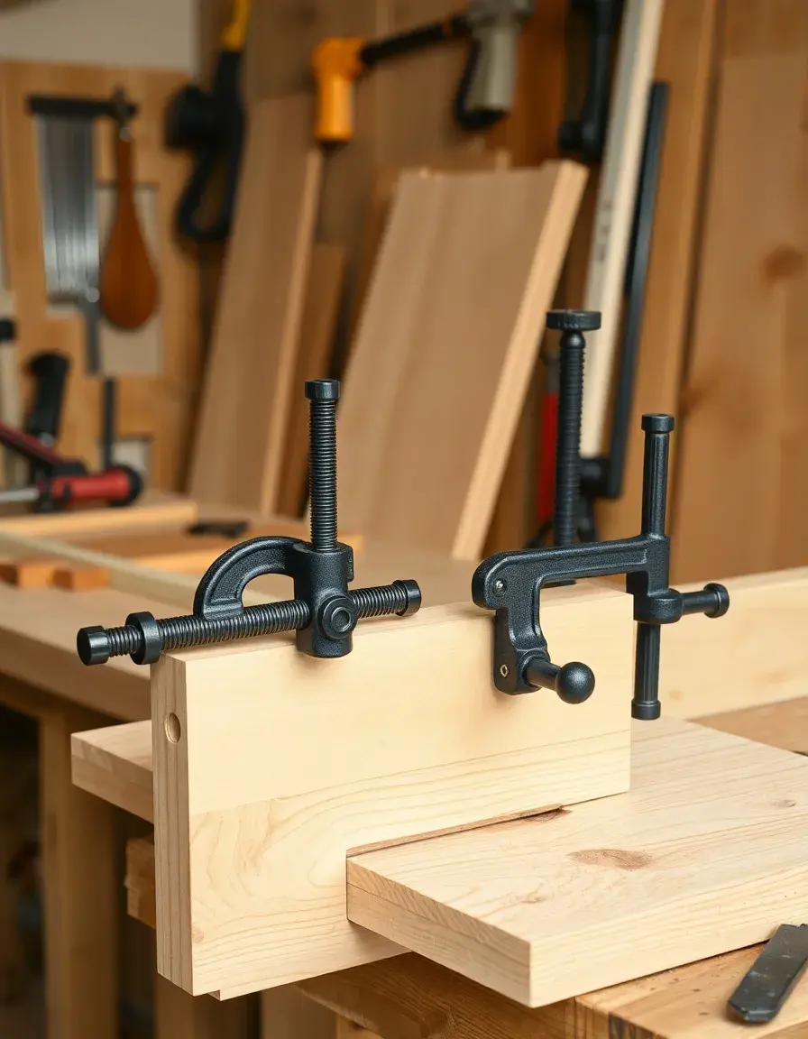Woodworking Clamp Set holding cabinet pieces in a workshop