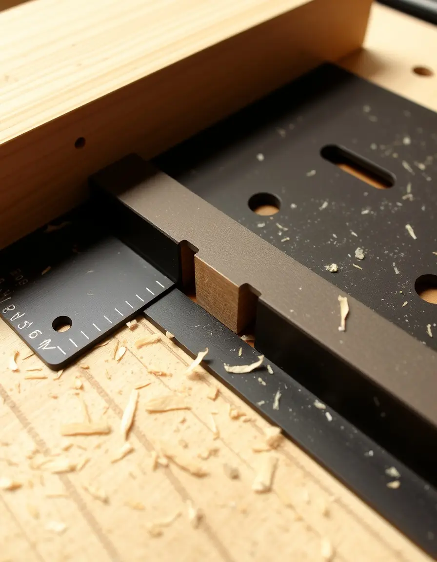 Dovetail jig template with wood shavings and precise routing joints