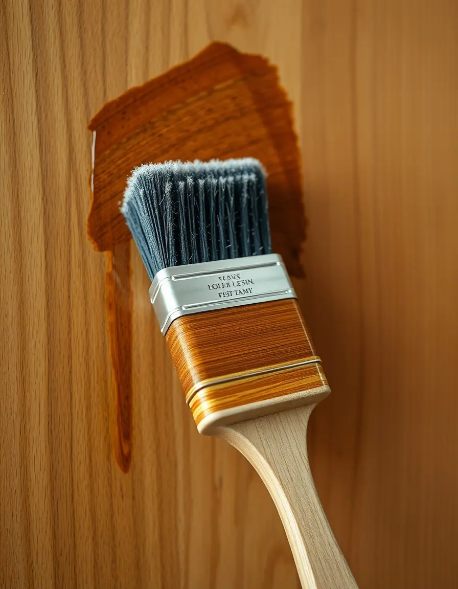 Foam brush wood stain applicator applying stain to oak cabinet