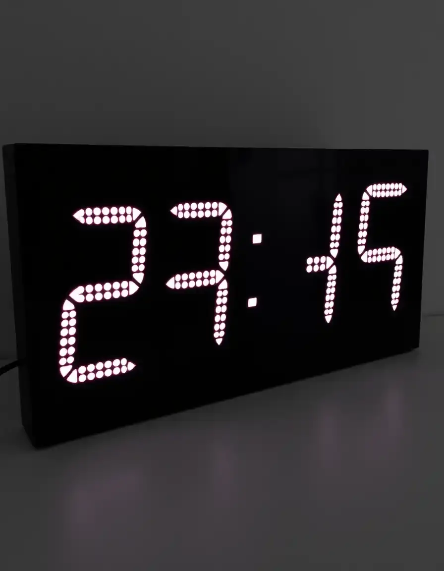 Large black LED digital wall clock showing time and temperature