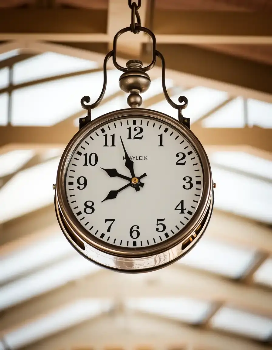 Double-sided metal station clock hanging from a wall bracket