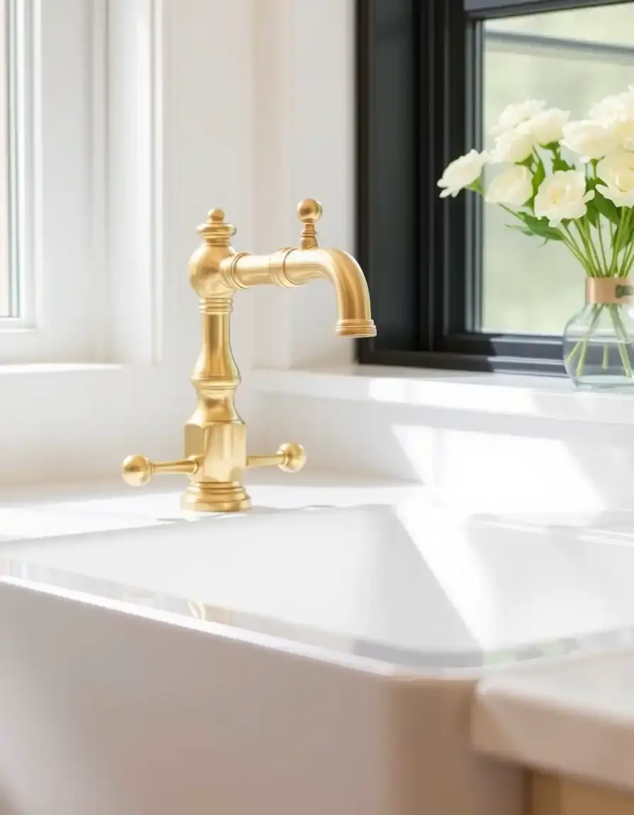 Apron front farmhouse sink with brass bridge tap