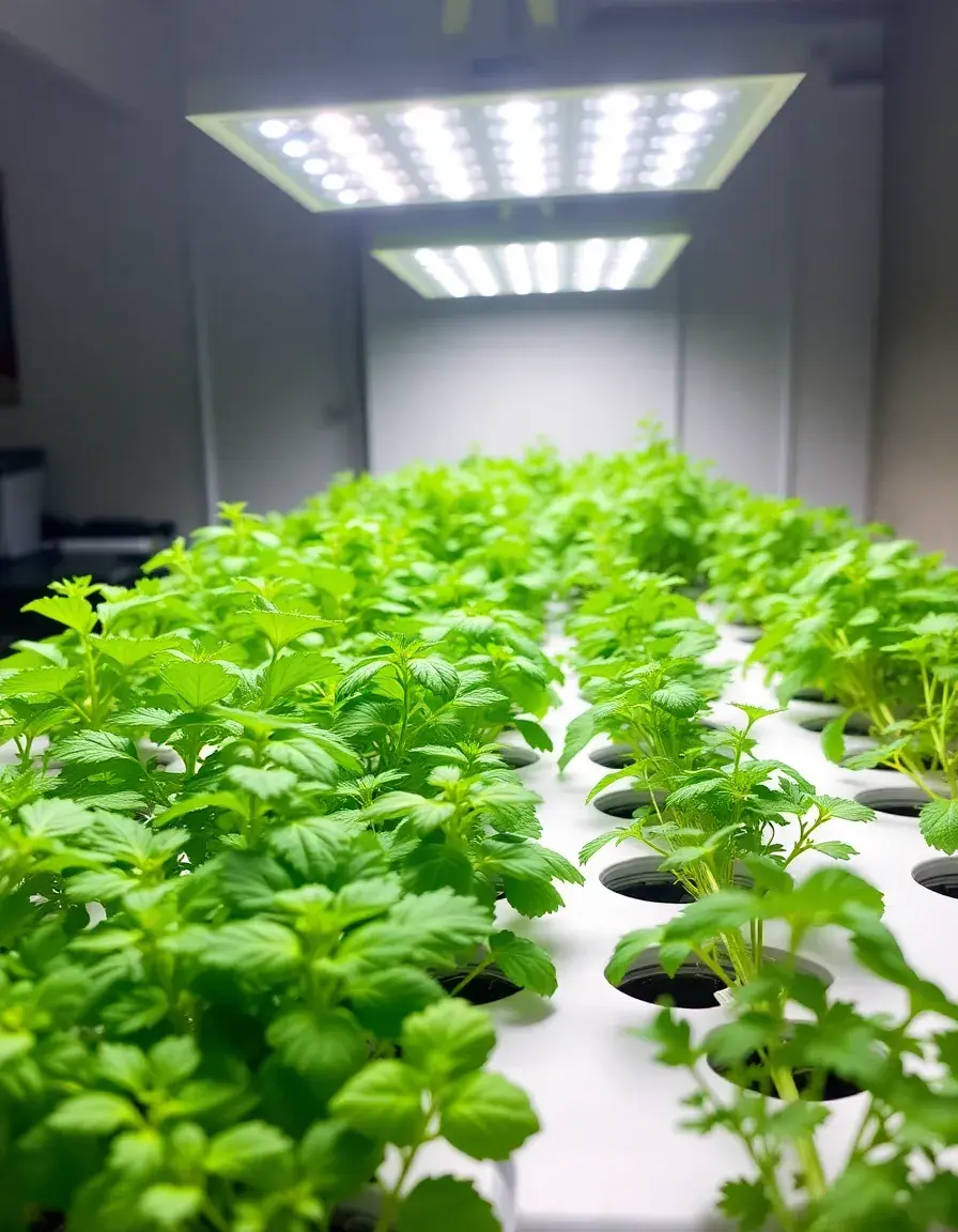 Hydroponic wall mounted herb garden with LED grow lights