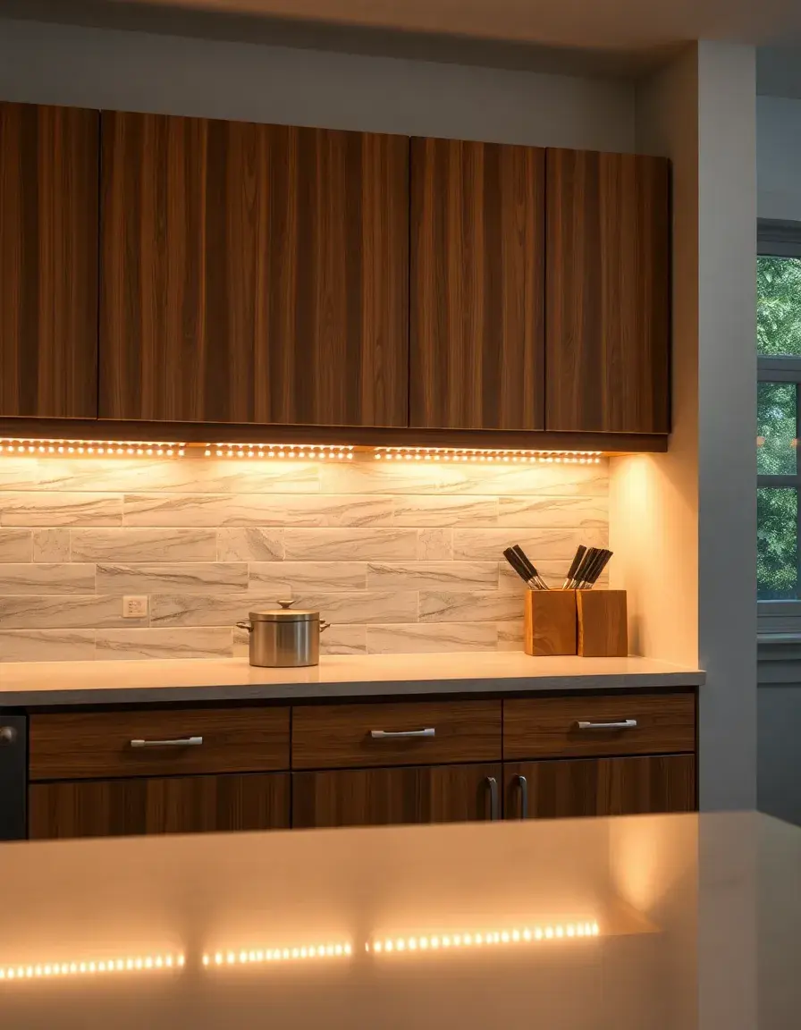 Under cabinet LED strip lights illuminating a kitchen prep area with a warm glow