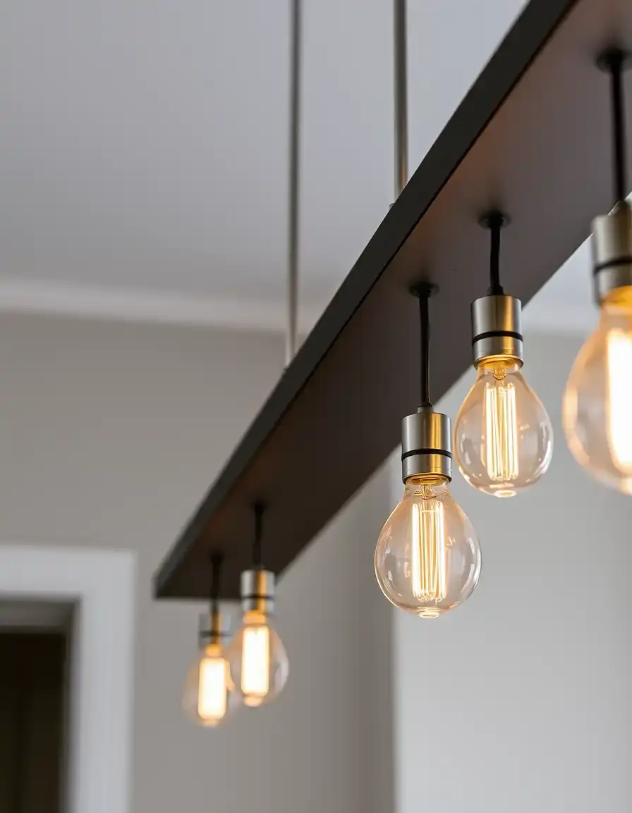 Linear island pendant lighting fixture with multiple bulbs above a kitchen island