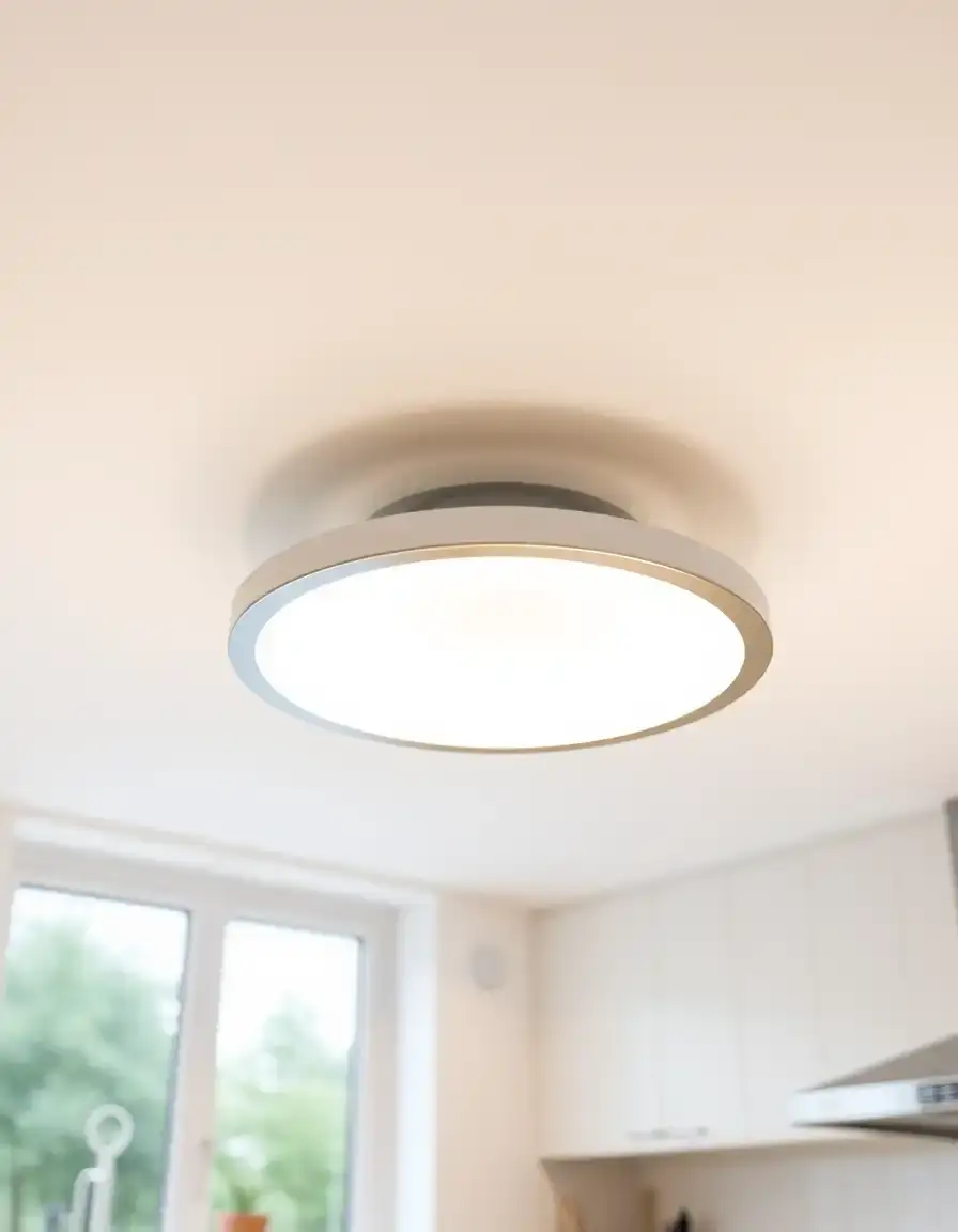 LED flush mount kitchen ceiling light providing diffused, energy efficient light