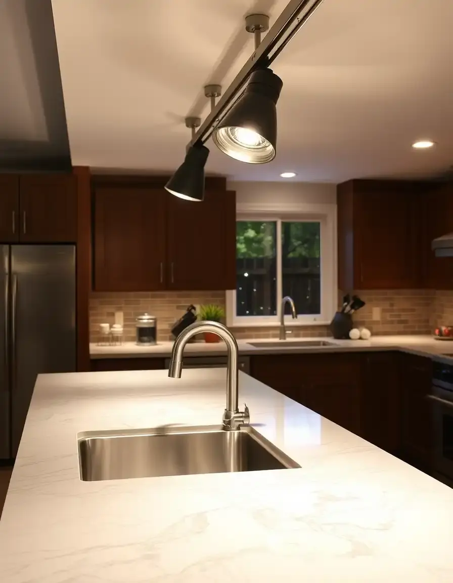 Adjustable track system kitchen spotlights focused on a counter