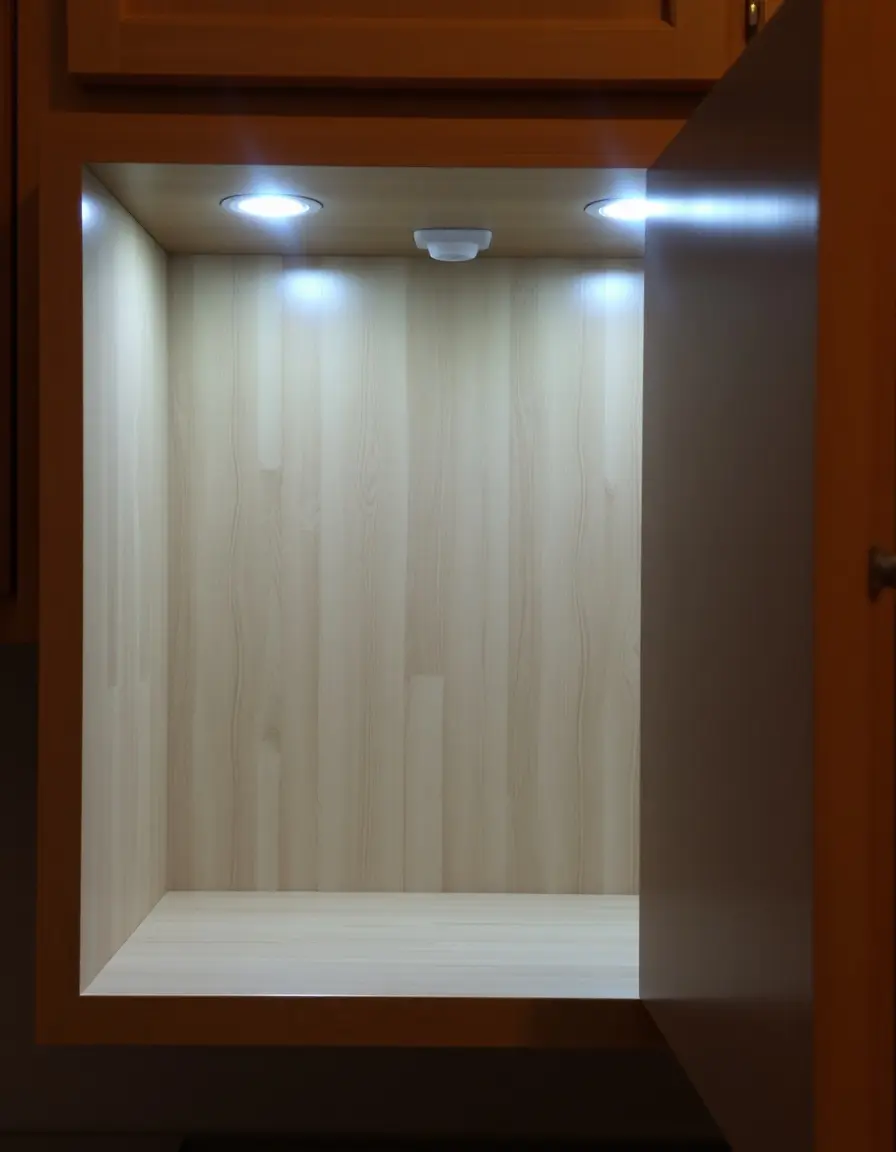 Battery-operated cabinet interior lights with motion sensor in an open cupboard