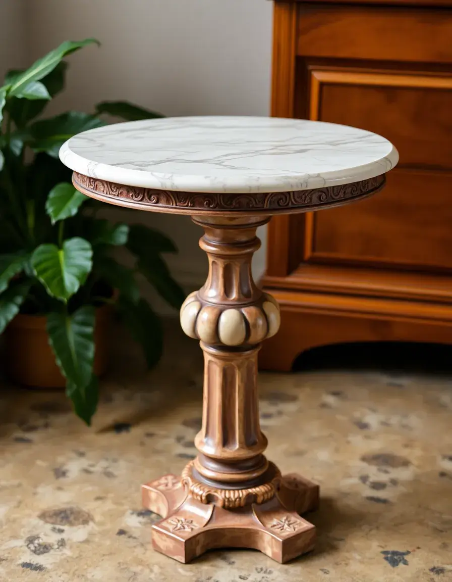 Small pedestal table, marble effect top