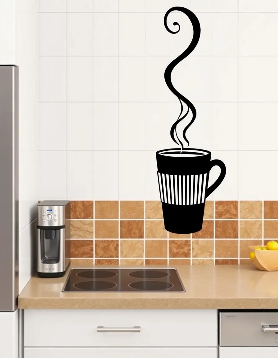 Vinyl Kitchen Wall Decal with coffee cup design on tiles