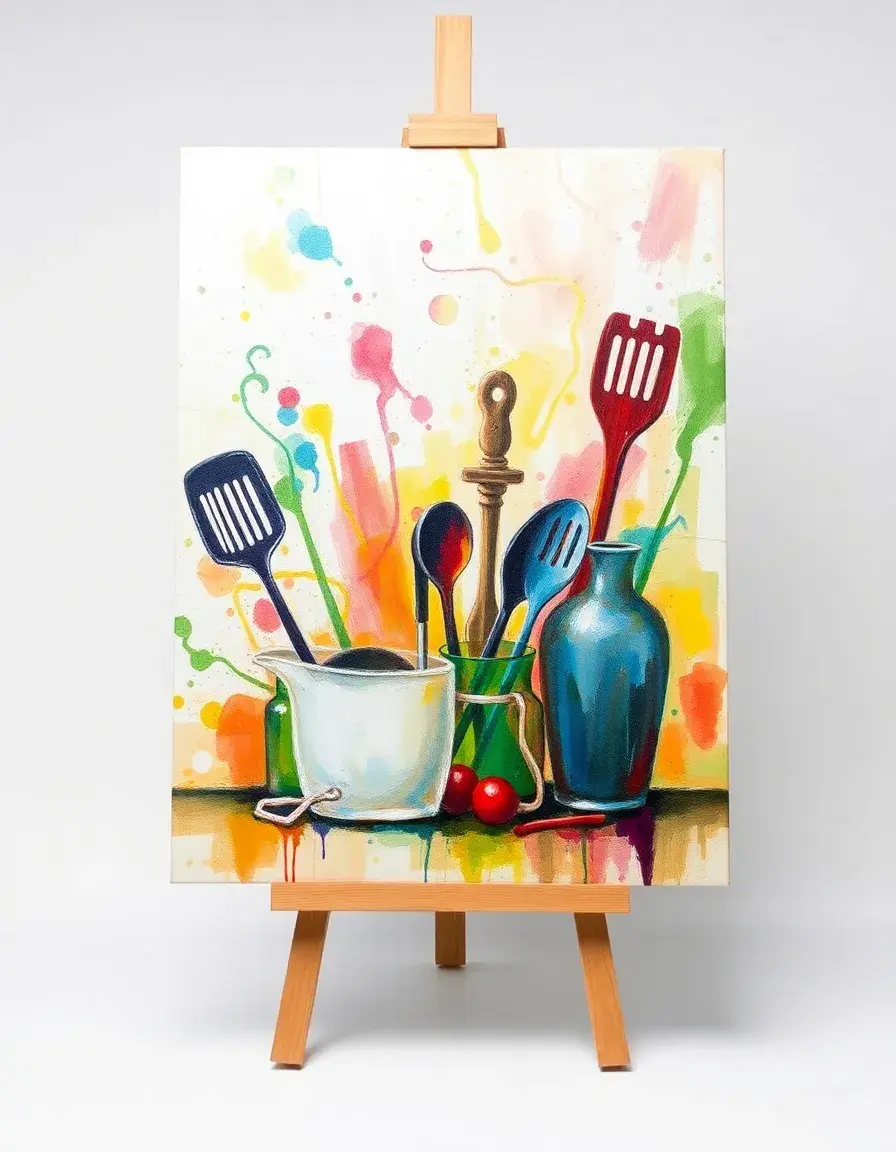 Acrylic Kitchen Painting of colorful utensils on an easel
