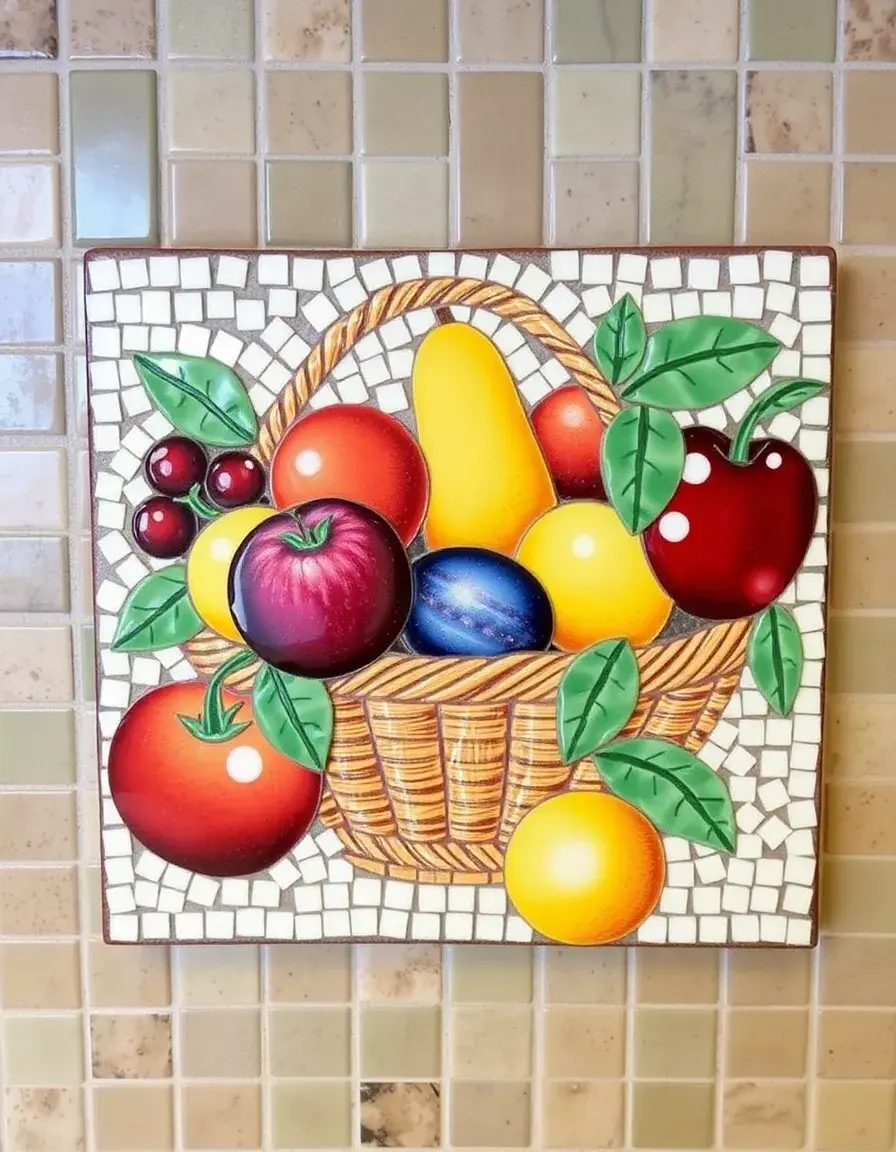 Mosaic Tile Wall Art depicting a fruit basket on a backsplash