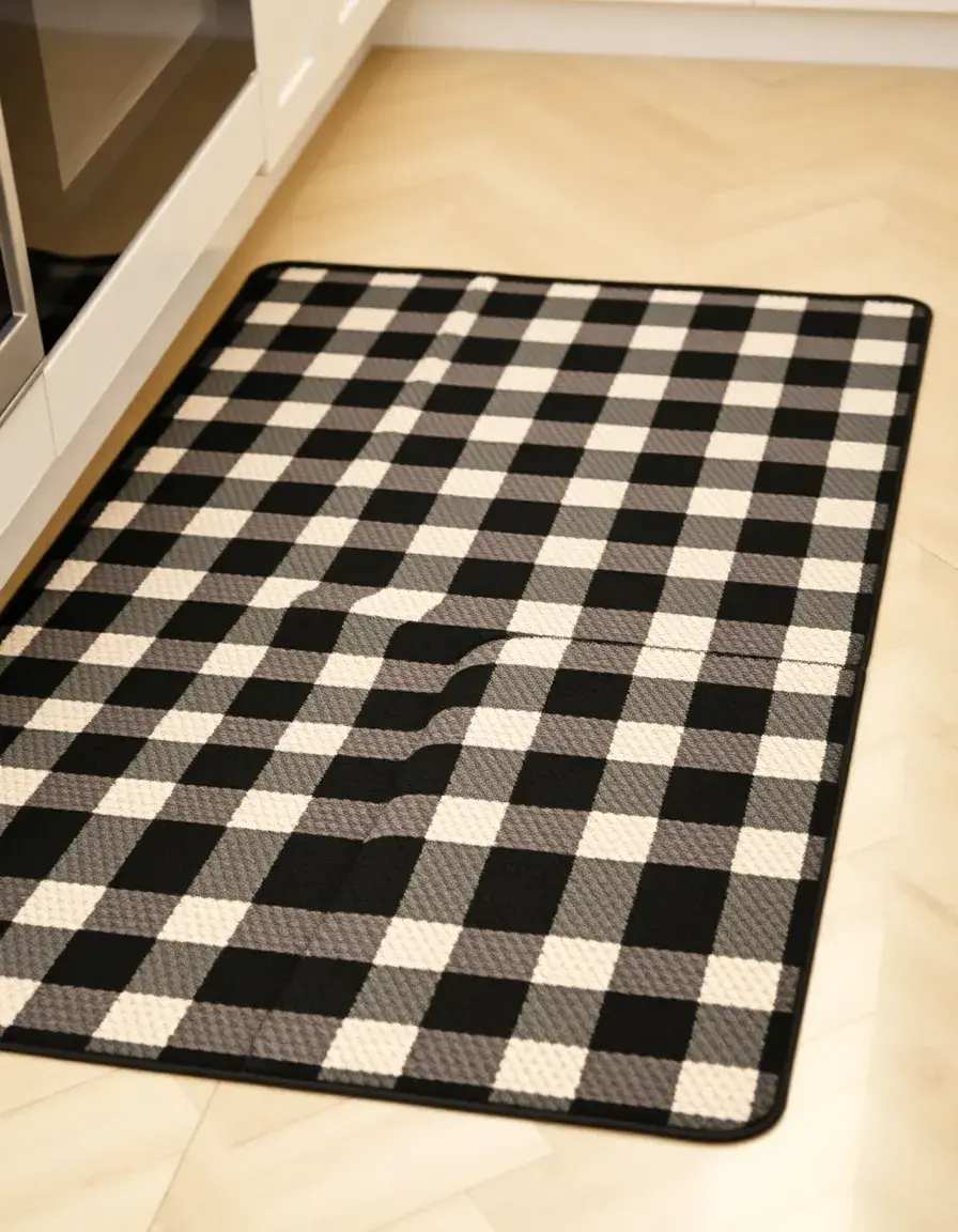Black and white checkered anti-fatigue kitchen mat on a kitchen floor