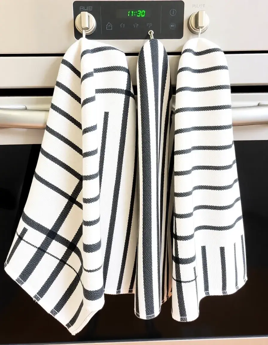 Set of 4 black and white striped cotton kitchen towels hanging on oven handle