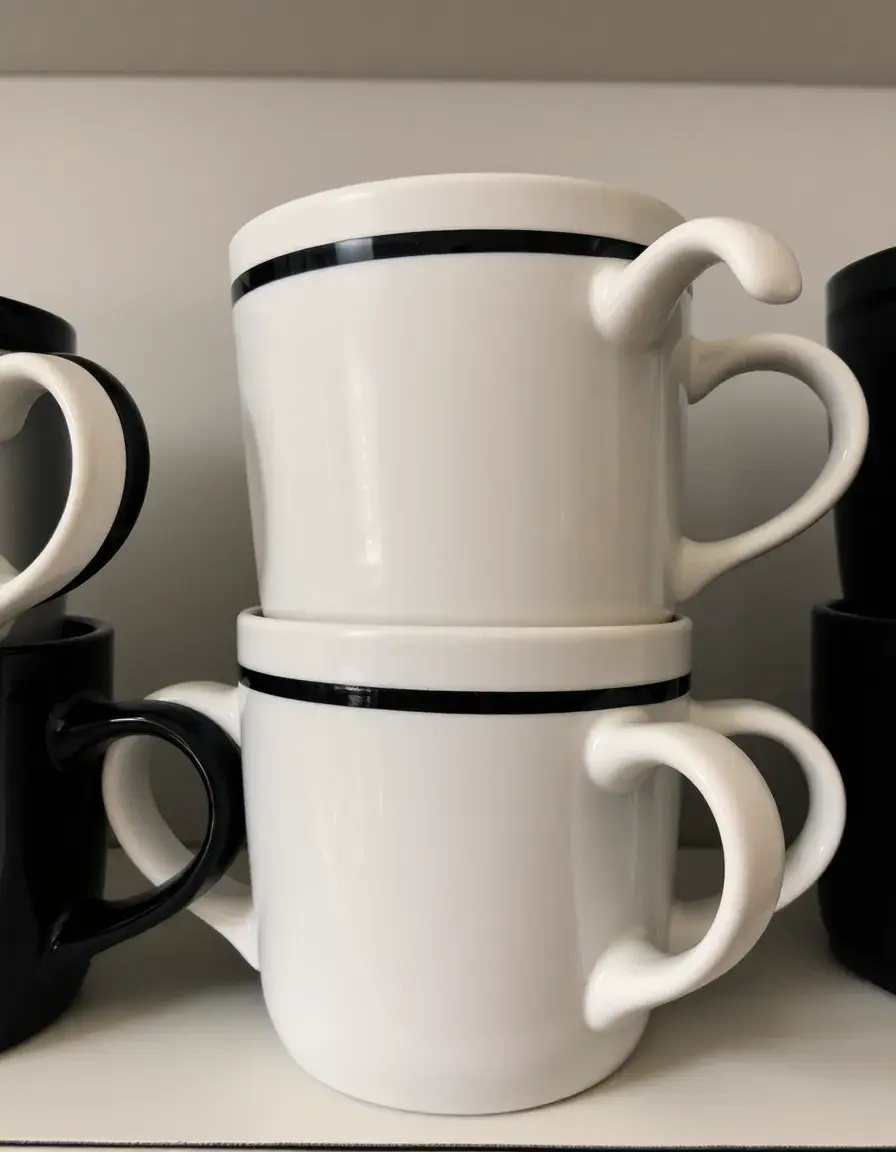 Stacked set of black and white ceramic mugs on a kitchen shelf