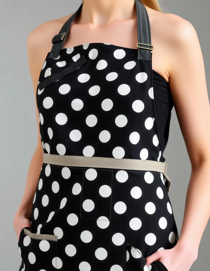 Model wearing a black and white polka dot apron with pockets