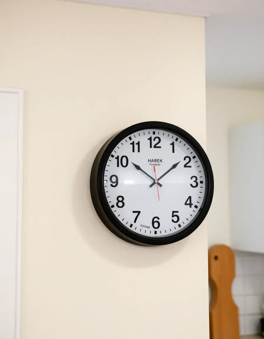 Modern black and white face wall clock in a kitchen