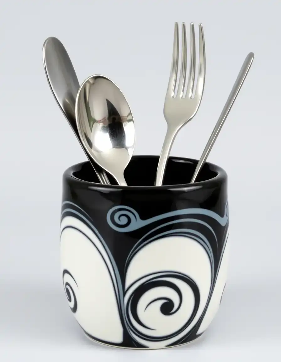 Ceramic utensil holder with black and white swirl design