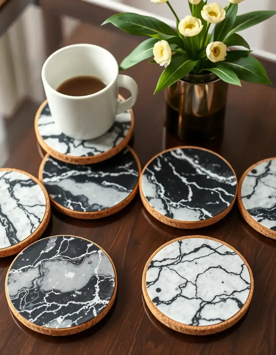 Set of 6 black and white marble pattern coasters on a table