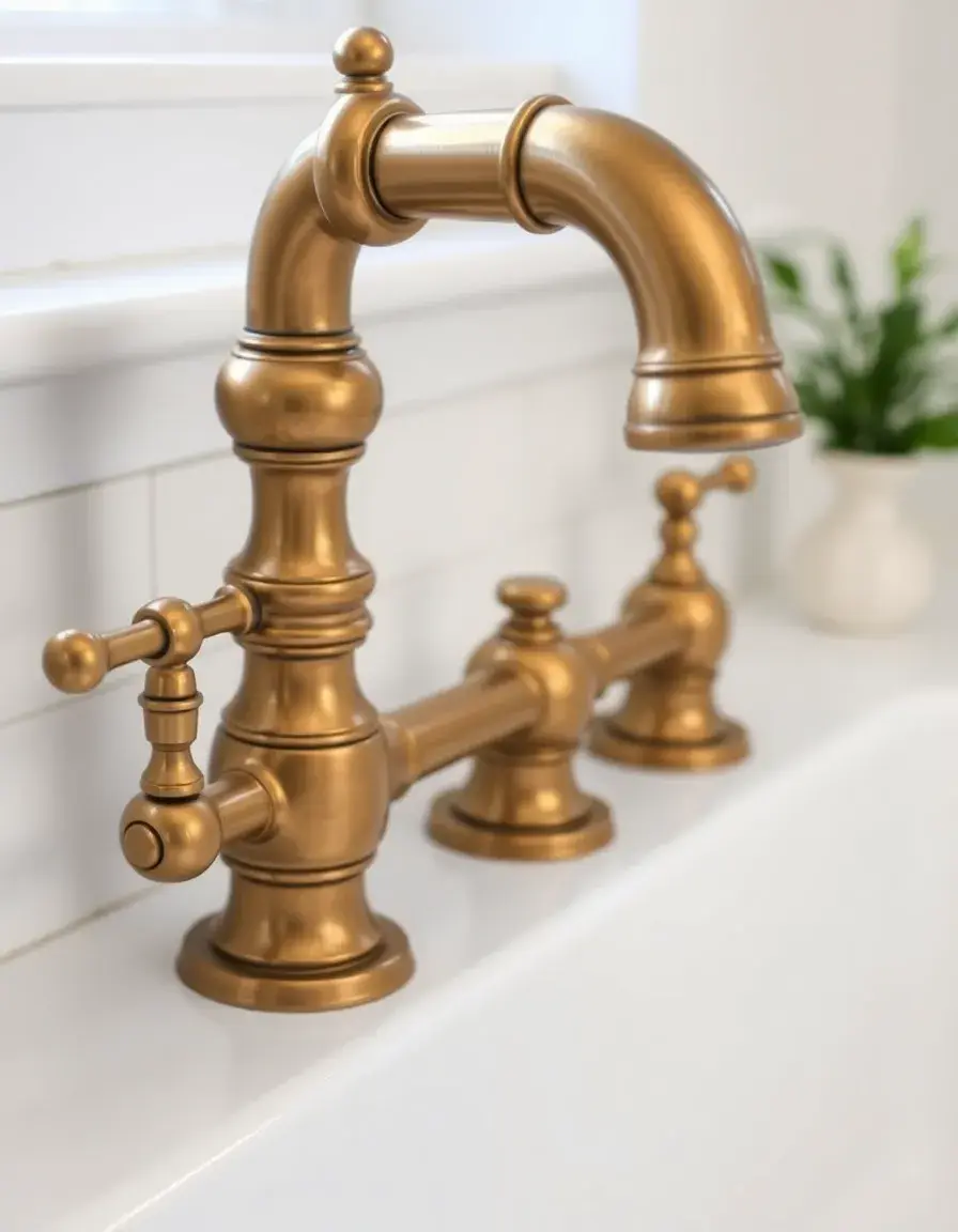 Vintage Brass Bridge Faucet on farmhouse sink