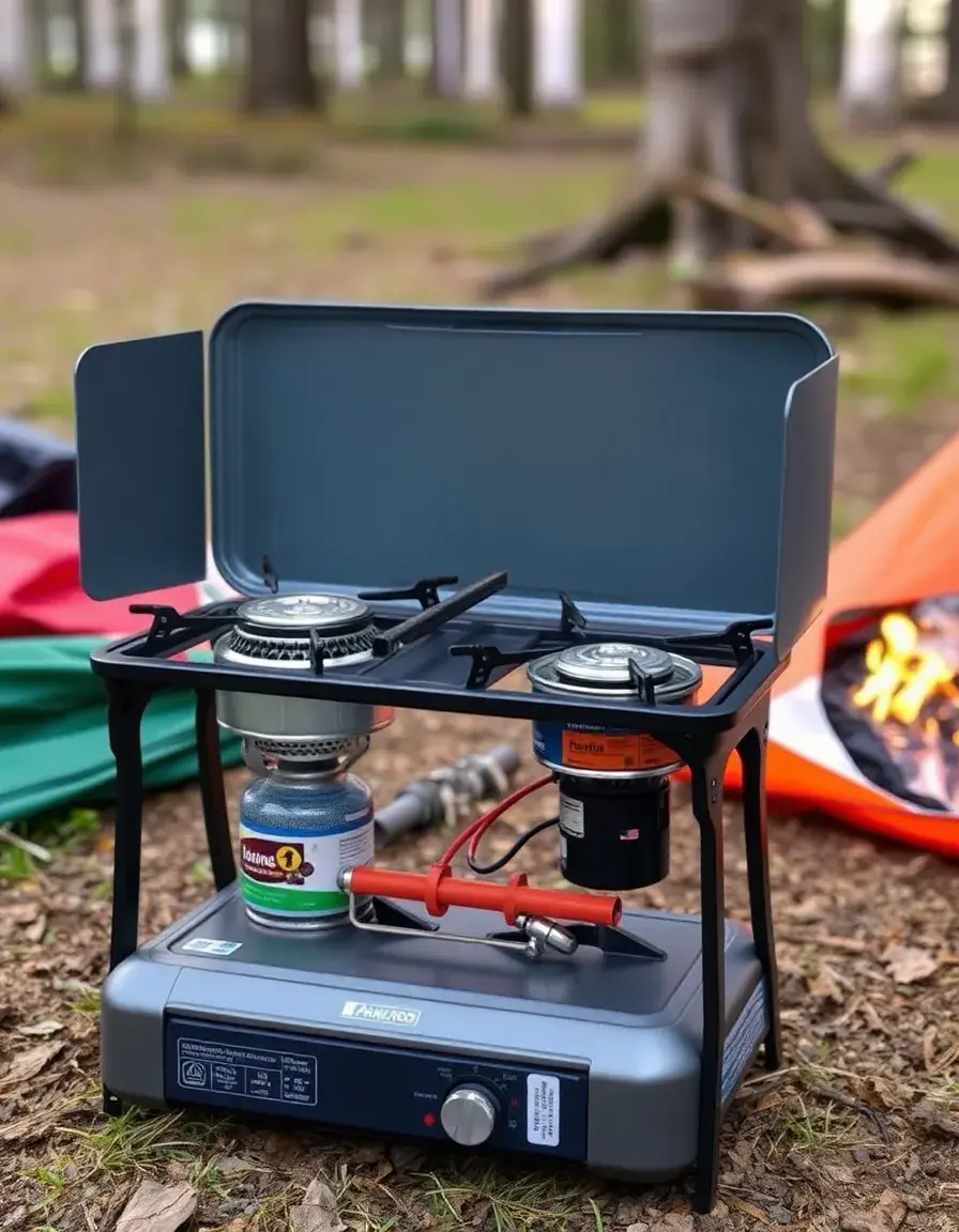 Two-burner portable camp stove with wind shields