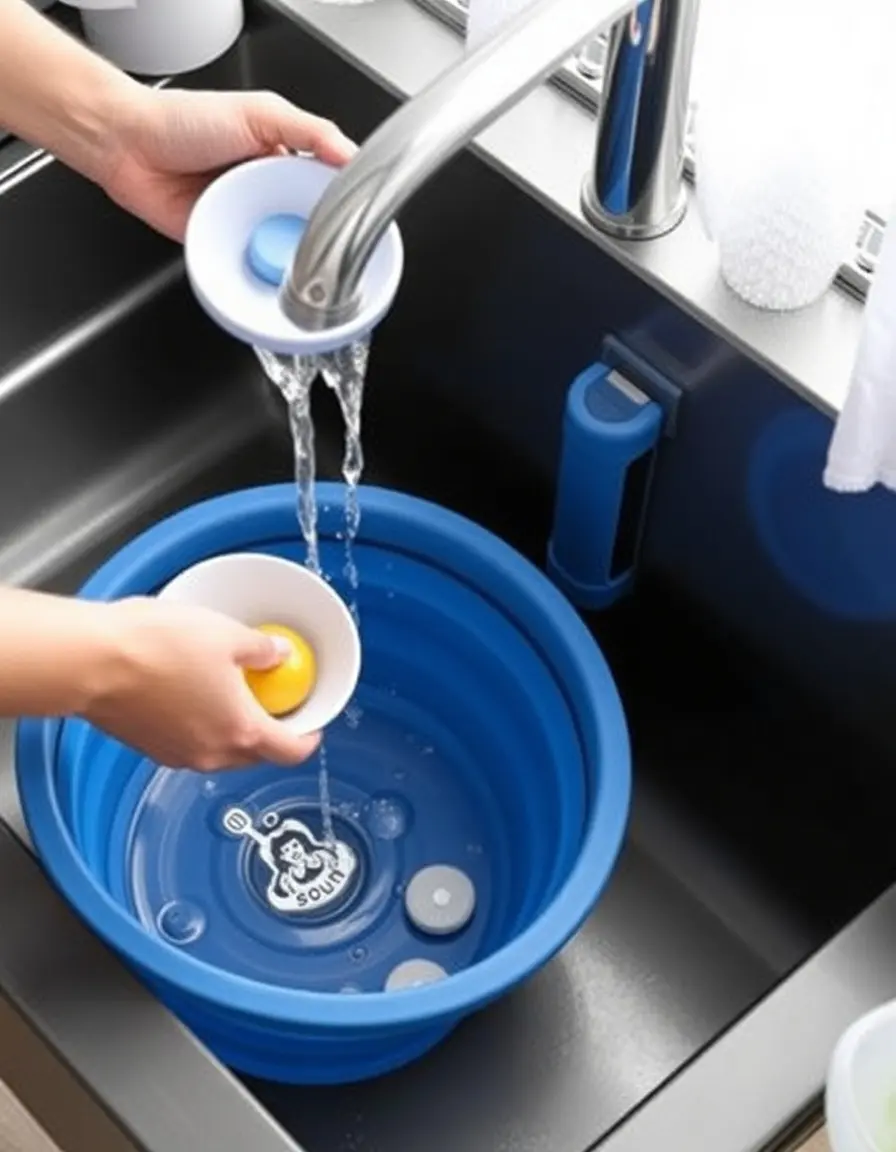 Blue silicone collapsible camp sink for washing dishes