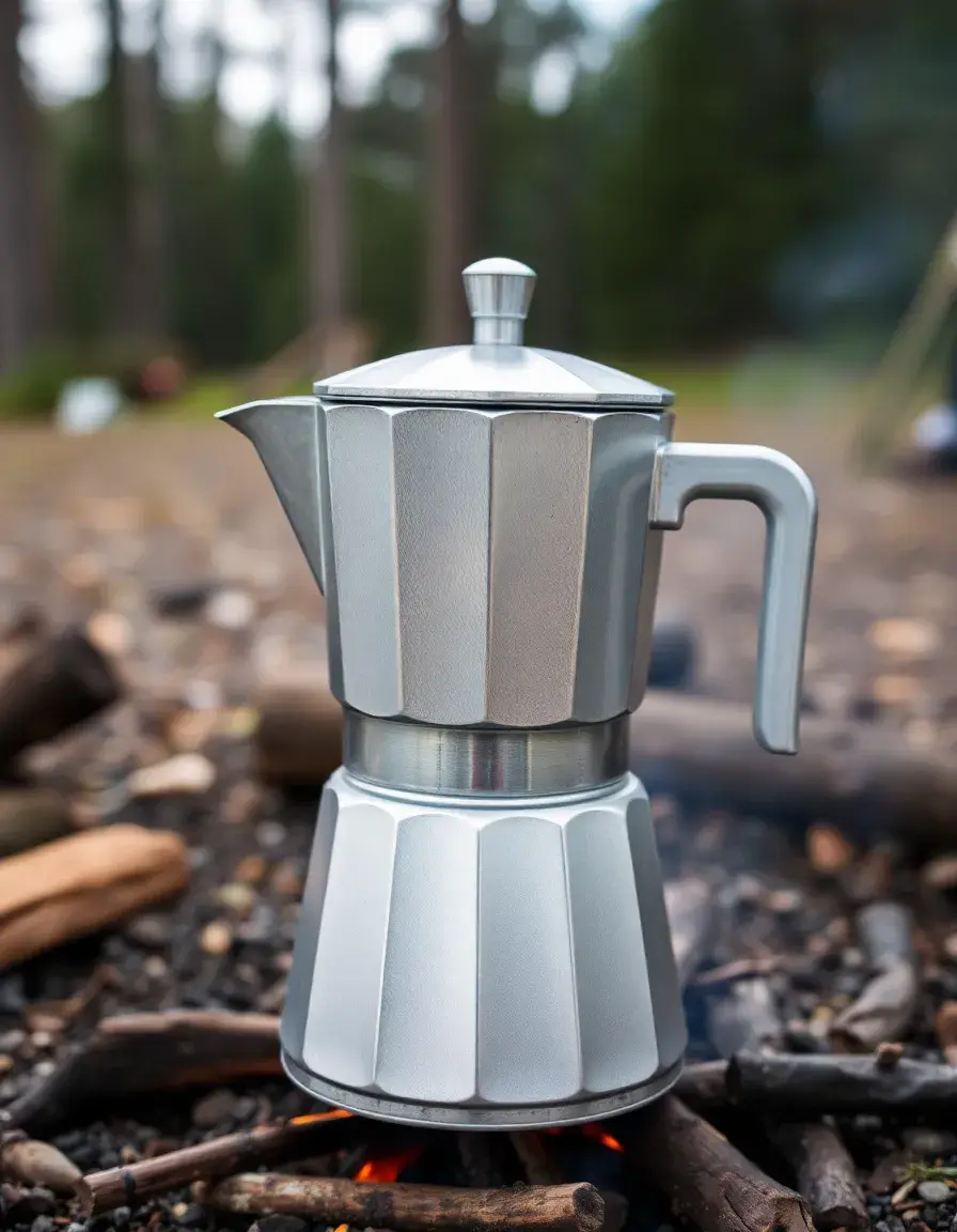 Aluminum percolator coffee pot over a campfire