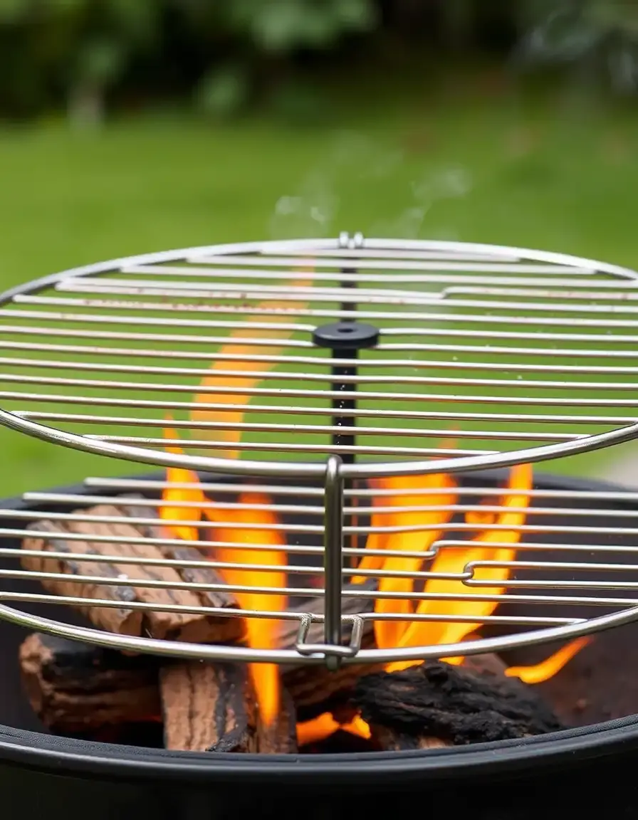 Steel adjustable grill grate over an open fire