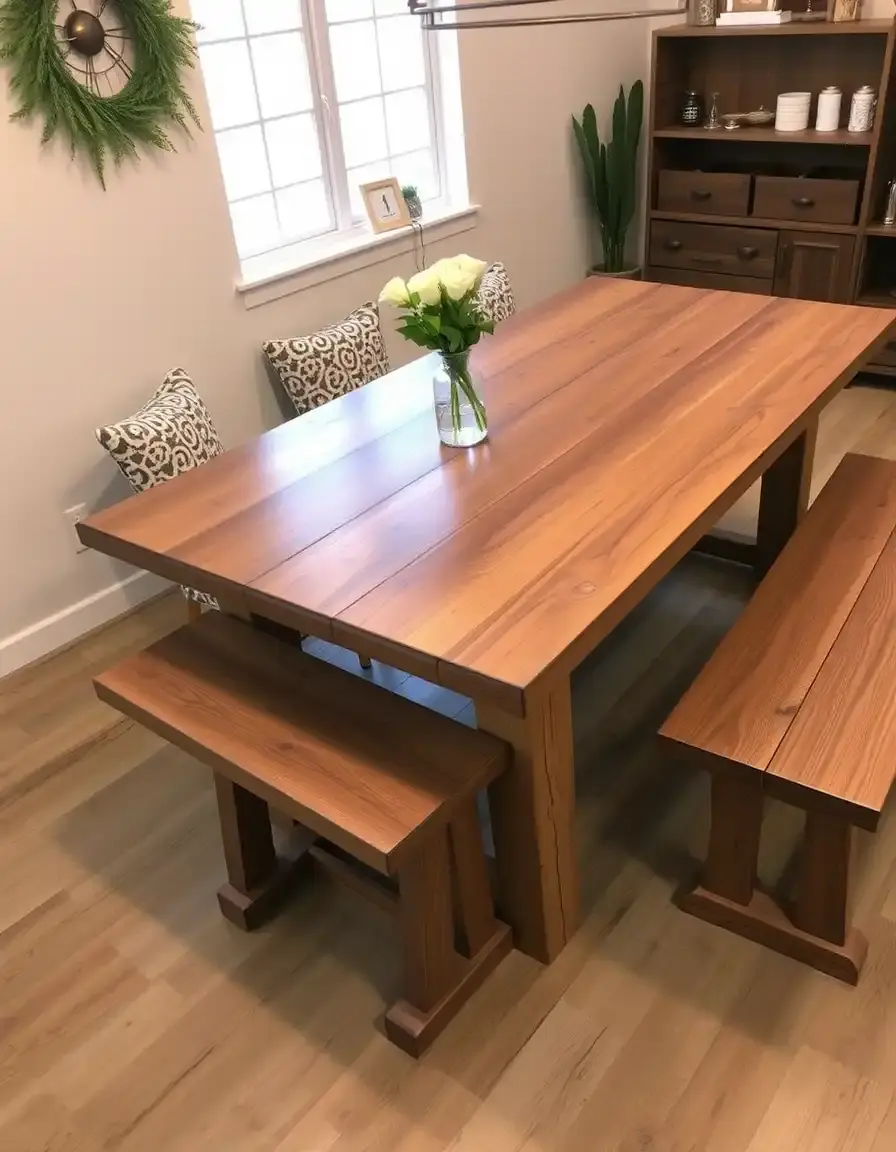 Wooden Farmhouse Dining Table with distressed finish and benches