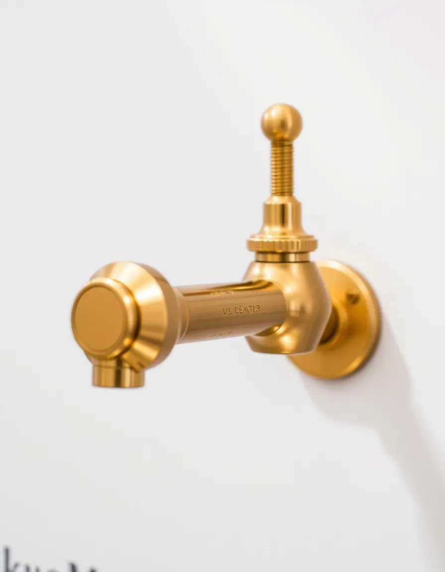 Close-up of wall-mount vintage gold pot filler faucet