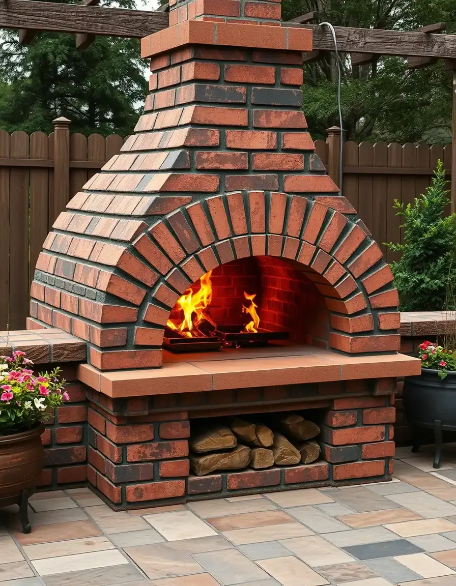 Wood fired outdoor pizza oven with flames