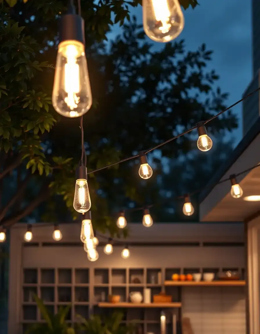 Solar outdoor string lights over kitchen area
