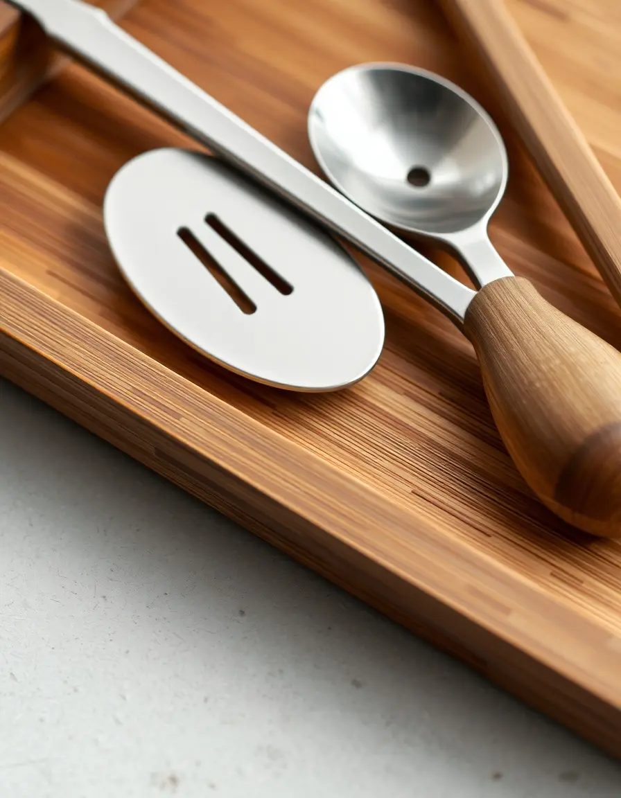 Bamboo countertop organizer tray holding kitchen utensils