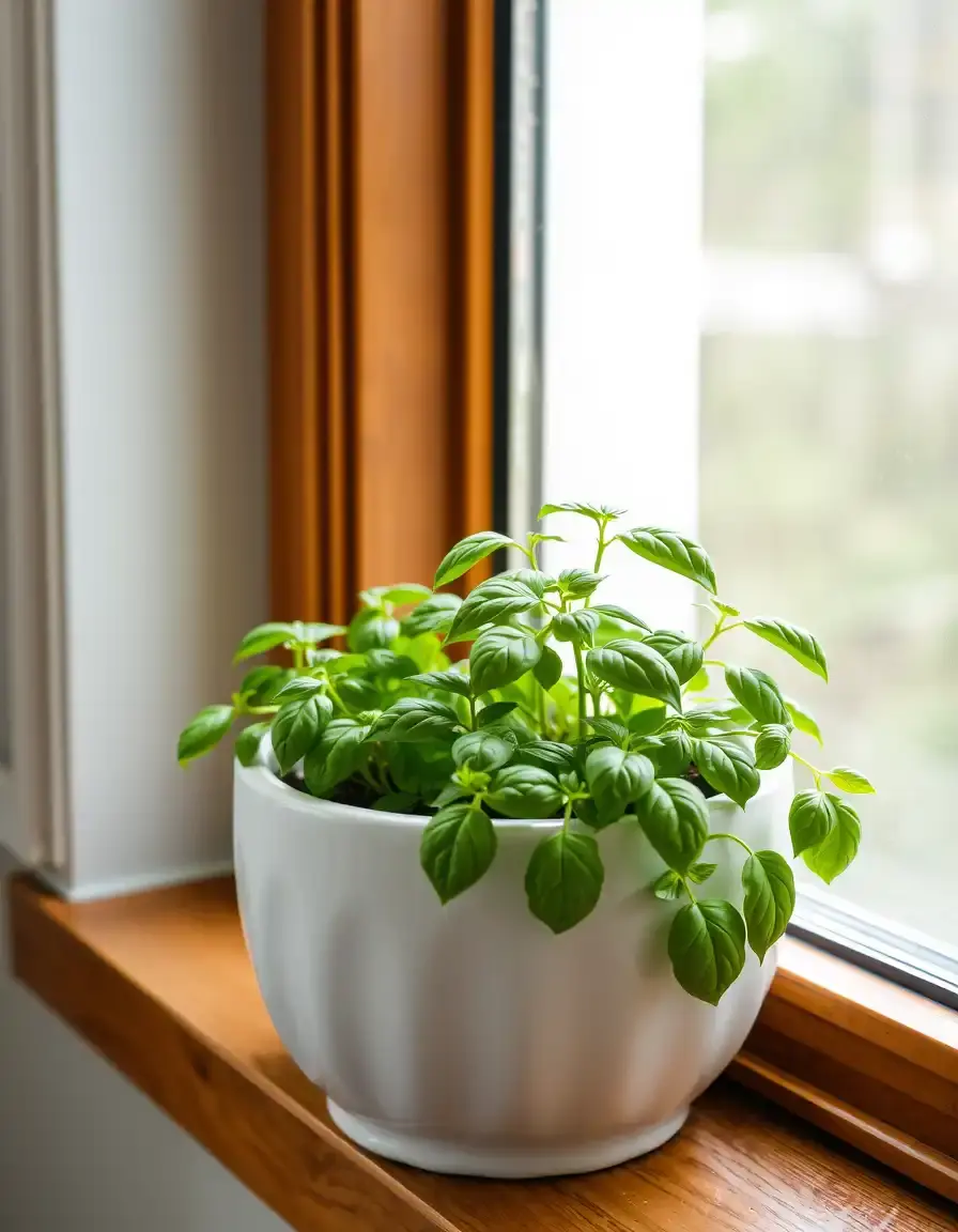 White ceramic herb planter pot with fresh basil on a sunlit windowsill