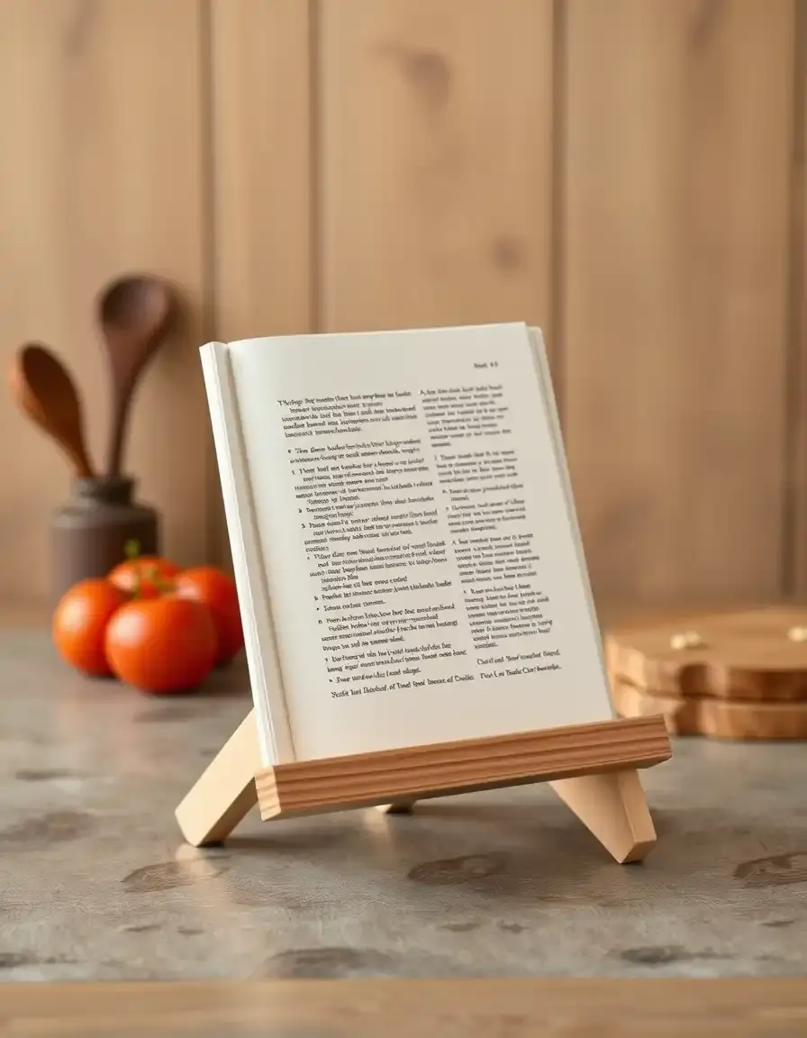 Foldable wooden stand holding a cookbook on a kitchen counter