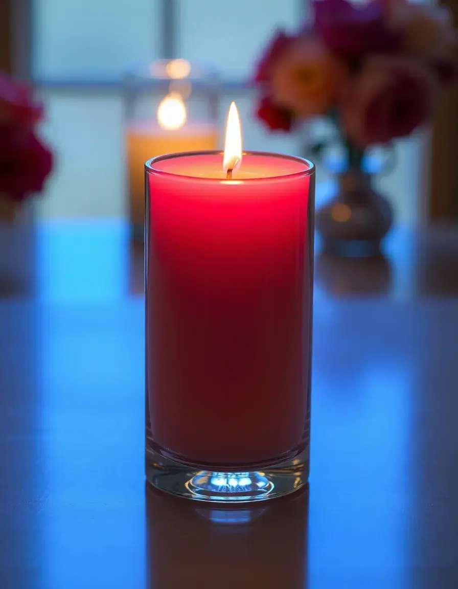 Vibrant glass candle holder with a scented pillar candle