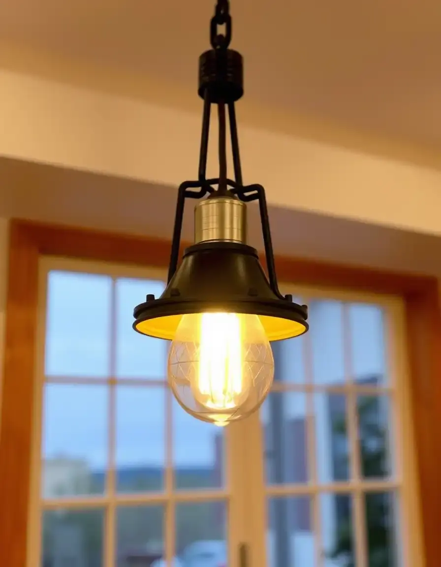 Industrial black metal pendant light with Edison bulb over kitchen island