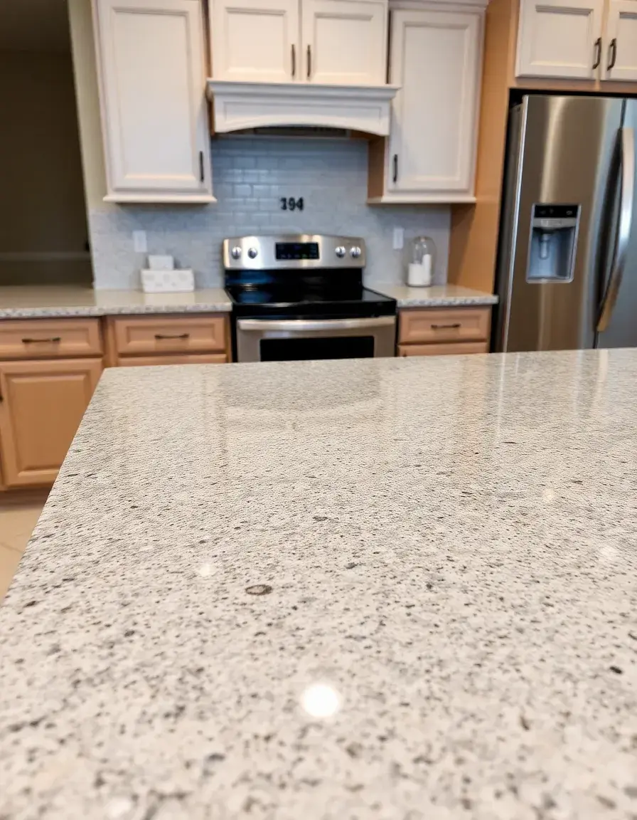 Polished gray granite kitchen countertop with natural veining