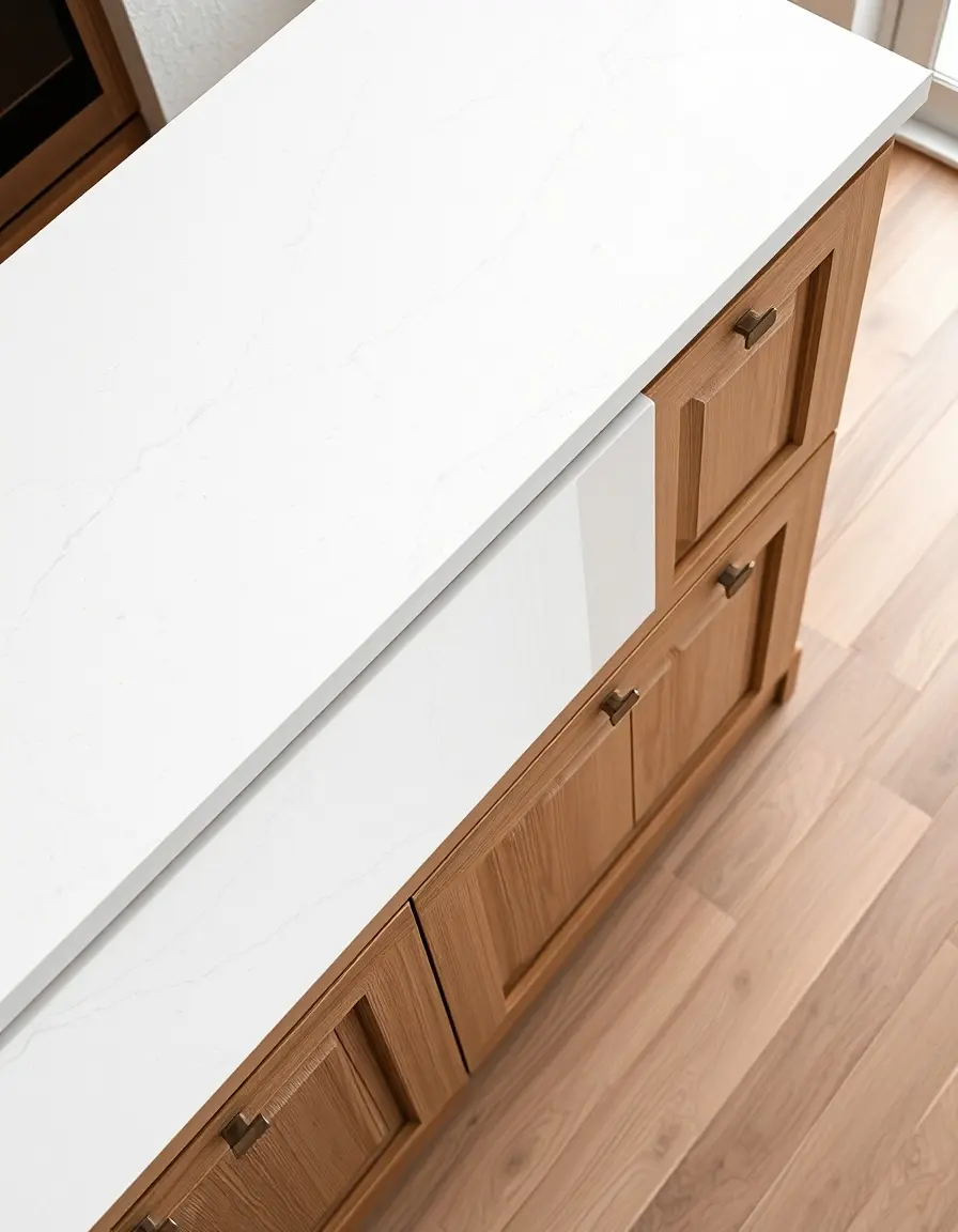 White quartz stone worktop panel with subtle marble patterns